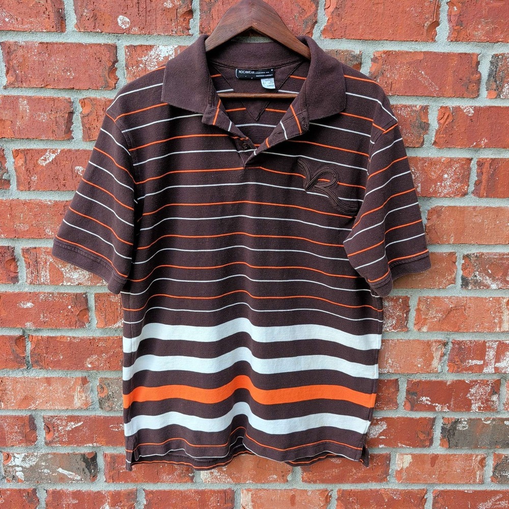 Rocawear Polo Shirt Mens Large Brown Orange White Striped Y2K Streetwear Logo